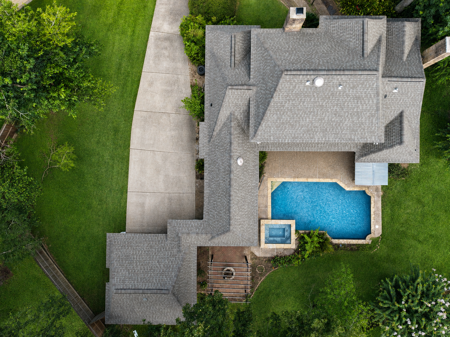Drone view of a completed residential roof by GAR Roofing